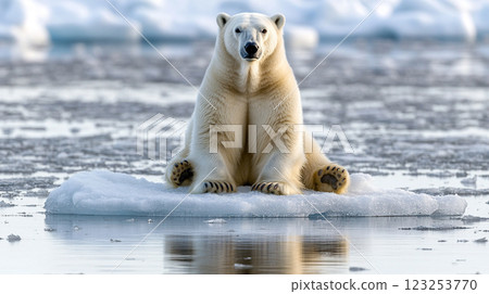 Polar bear sitting on ice in arctic waters. Majestic animal in a vulnerable habitat. Climate change awareness, environmental protection. Polar bear sitting on ice in arctic waters. Majestic animal in a vulnerable habitat. Climate change awareness, environmental protection. 123253770
