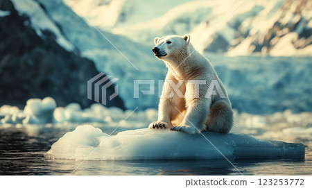 Polar bear perched on ice. Majestic predator against glacier backdrop, a poignant symbol of environmental challenges in the Arctic. Polar bear perched on ice. Majestic predator against glacier backdrop, a poignant symbol of environmental challenges in the Arctic. 123253772