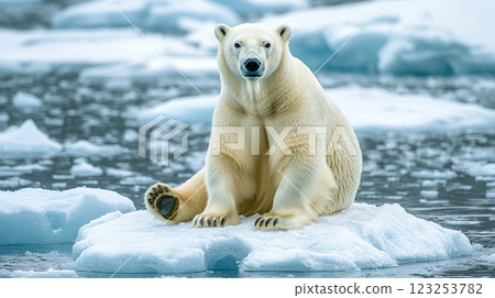 Majestic polar bear perched on a pristine ice floe, gazing ahead with serene confidence against a backdrop of icy waters and shimmering icebergs. Majestic polar bear perched on a pristine ice floe, gazing ahead with serene confidence against a backdrop of icy waters and shimmering icebergs. 123253782