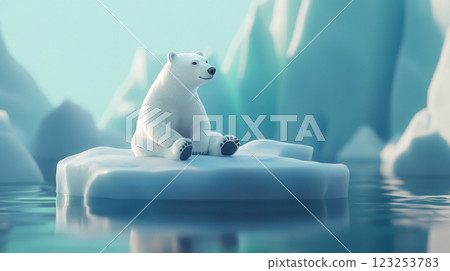 Polar bear rests on ice floe in arctic environment, symbolic of climate change and endangered species, rendered in soft, inviting style. 123253783