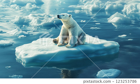 A majestic polar bear perched atop a melting ice floe, gazing into the horizon amidst a serene arctic landscape. 123253786