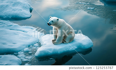 Solitary polar bear perched on an iceberg, amidst a vast expanse of icy waters. Vulnerability in a changing climate is apparent. 123253787