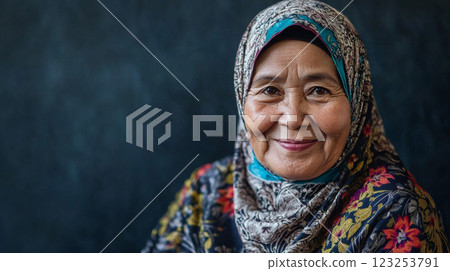 Portrait of a smiling older woman with warm eyes wearing a colorful floral hijab against a dark backdrop, exuding peaceful wisdom. Portrait of a smiling older woman with warm eyes wearing a colorful floral hijab against a dark backdrop, exuding peaceful wisdom. 123253791