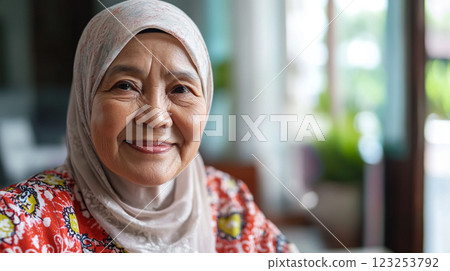 Smiling Elderly Woman in Hijab: A close-up portrait of a kind, older woman with a warm smile, wearing a colorful headscarf. Smiling Elderly Woman in Hijab: A close-up portrait of a kind, older woman with a warm smile, wearing a colorful headscarf. 123253792