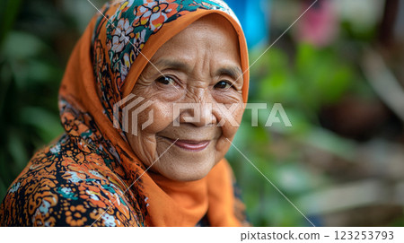 Elderly woman with floral patterned headscarf smiles softly, exuding warmth and grace. Wrinkles tell stories of a life well-lived. Elderly woman with floral patterned headscarf smiles softly, exuding warmth and grace. Wrinkles tell stories of a life well-lived. 123253793