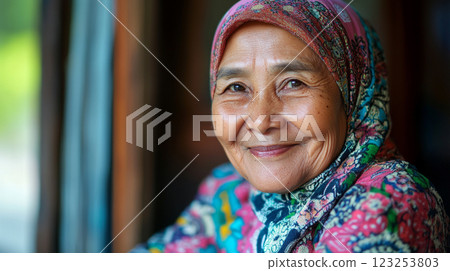 A portrait of a smiling elderly woman wearing a floral headscarf, radiating warmth and wisdom with gentle eyes and kind expression. A portrait of a smiling elderly woman wearing a floral headscarf, radiating warmth and wisdom with gentle eyes and kind expression. 123253803