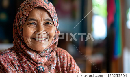 Warm smile of an elderly woman in a floral hijab, radiating joy and life experience. Her eyes sparkle with kindness. 123253804