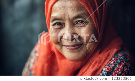 Smiling Elderly Woman: A portrait of warmth and wisdom. She's wearing a vibrant headscarf and floral top, radiating gentle joy. 123253805