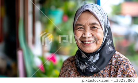 Smiling Older Woman in Hijab: A warm portrait of an elderly woman with a beautiful smile, wearing a traditional floral hijab outdoors. 123253806