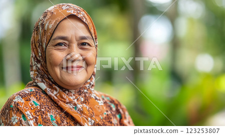 Portrait of a mature woman with a warm smile, wearing a hijab and colorful patterned clothing. She radiates peace and tranquility. 123253807