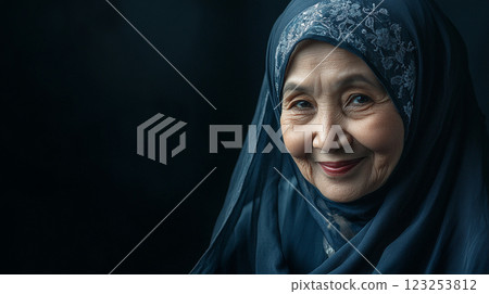 Serene portrait of an elderly woman with a gentle smile, adorned in a traditional headscarf, radiating warmth and grace in a dark setting. Serene portrait of an elderly woman with a gentle smile, adorned in a traditional headscarf, radiating warmth and grace in a dark setting. 123253812