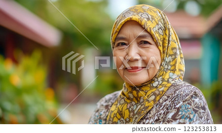 Portrait of a smiling senior woman in a yellow patterned headscarf, exuding warmth and cultural grace against a lush outdoor backdrop. 123253813