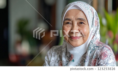 Portrait of a serene older woman in a floral hijab, her gentle smile radiating warmth and wisdom in a softly lit environment. 123253816