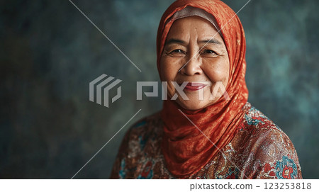 Warm portrait of an elderly woman in a headscarf, radiating serenity and strength. Timeless beauty, cultural richness, and inner peace. 123253818