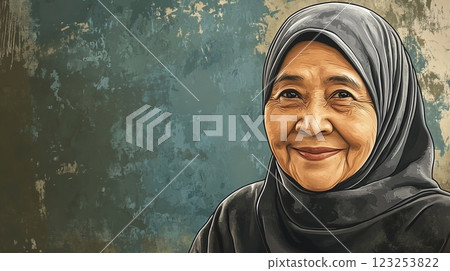 Smiling Elderly Woman with Headscarf: A vibrant portrait of a woman with wrinkles, radiating warmth and gentle wisdom in a traditional hijab. 123253822