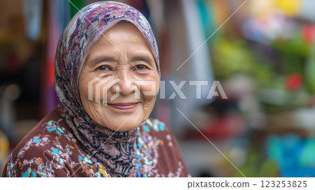 Portrait of a smiling older woman with a floral hijab, capturing wisdom and cultural beauty with warm expression. 123253825