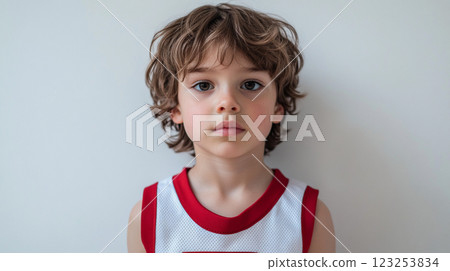 Portrait of a young child with curly brown hair, wearing a white and red top, against a light grey backdrop. 123253834
