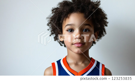 Young boy portrait, afro hairstyle, wearing sports jersey, against white background, close-up headshot. Adorable, confident, and youthful. 123253835