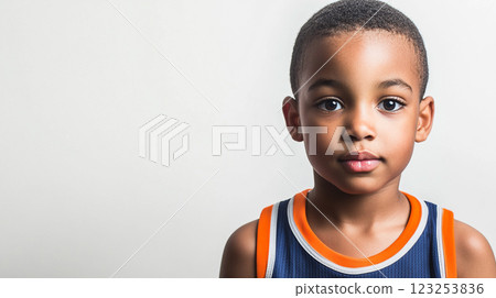 A young child looks directly at the camera with curiosity. He is wearing a blue and orange athletic jersey against a neutral backdrop. 123253836