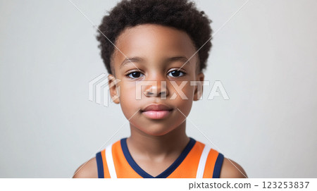 Portrait of a young boy with a thoughtful gaze, wearing a vibrant sports jersey. Capturing innocence and determination in a single frame. 123253837