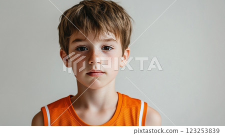 A young boy with freckles, wearing an orange athletic tank top, poses in front of a plain background, looking directly at the camera. 123253839