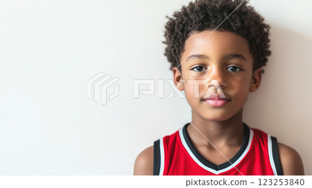 Focused youth portrait, with curly hair, wearing a red and white top, against a soft, neutral backdrop, looking directly at the camera. Focused youth portrait, with curly hair, wearing a red and white top, against a soft, neutral backdrop, looking directly at the camera. 123253840