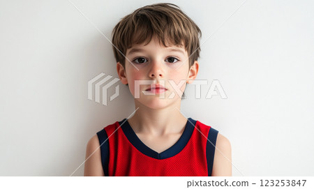 Boy in red shirt against white backdrop looking directly at the camera, youthful innocence in this portrait of a young person. Boy in red shirt against white backdrop looking directly at the camera, youthful innocence in this portrait of a young person. 123253847