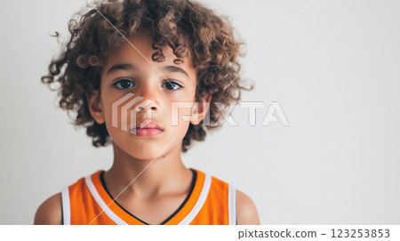 Young boy with curly hair and sports jersey gazes at the viewer.  Indoor portrait with a light background. 123253853