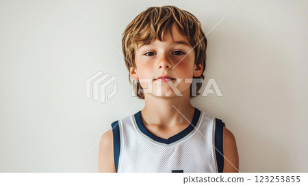 A headshot of a young boy with freckles, styled hair, and a white and dark sport jersey against a plain white background. A headshot of a young boy with freckles, styled hair, and a white and dark sport jersey against a plain white background. 123253855