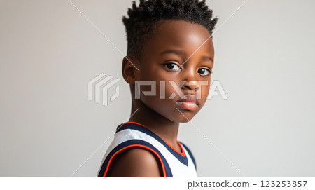 Young boy portrait: Capturing innocence and youthful spirit with a modern twist, showcasing style and confidence in a minimalistic setting. 123253857