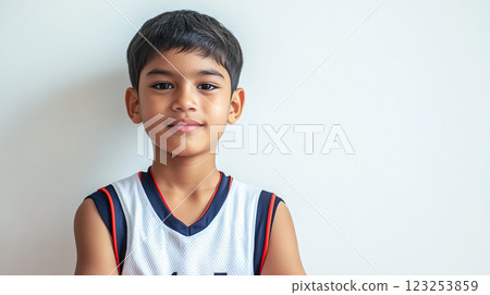 A young boy with a gentle smile, his eyes sparkling with warmth, wearing a sporty jersey against a plain backdrop, radiating youthful innocence. A young boy with a gentle smile, his eyes sparkling with warmth, wearing a sporty jersey against a plain backdrop, radiating youthful innocence. 123253859