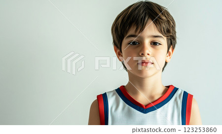A young, fair-skinned boy with brown hair and eyes gazes directly forward, wearing a sleeveless sport jersey against a neutral backdrop. 123253860