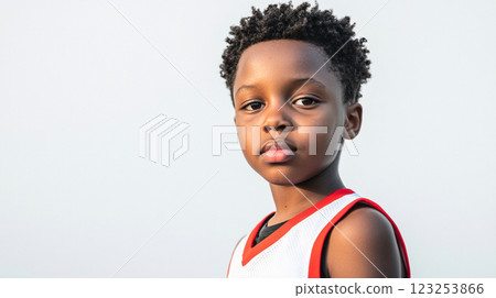 Young boy with curly hair wearing a white and red jersey with bright sky backdrop, embodying youth and sportsmanship. 123253866