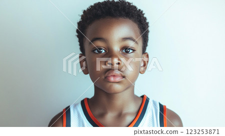 Portrait of a young boy with dark skin and curly hair, wearing a sporty jersey, against a plain background. Serious expression. Portrait of a young boy with dark skin and curly hair, wearing a sporty jersey, against a plain background. Serious expression. 123253871