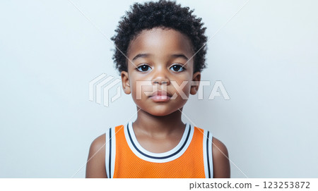 Portrait of a cute young boy with an afro hairstyle wearing an orange sleeveless top and standing against a plain wall. Portrait of a cute young boy with an afro hairstyle wearing an orange sleeveless top and standing against a plain wall. 123253872