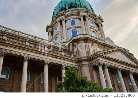 Historic Buda Castle with green dome and ornate columns in Budapest. Architectural landmark of cultural heritage in Hungary 123253900