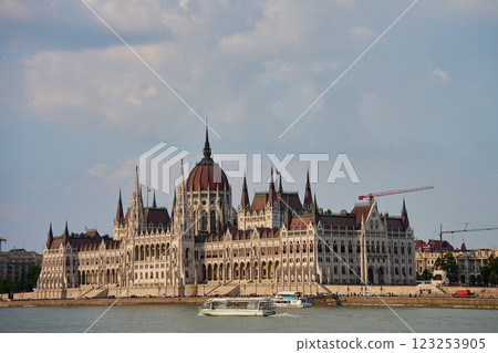 Hungarian Parliament Building in Budapest at sunset with reflection in Danube River. Neo Gothic architecture and famous landmark of Hungary 123253905