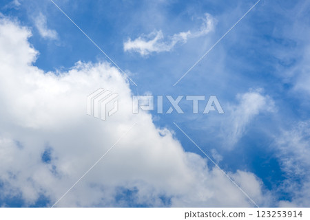 Blue sky fluffy white clouds on summer season bright clear skyline with beautiful cloudscape. Panorama blue sky clouds pattern on daylight with copy space. Cumulus cloudscape air climate sunny day 123253914