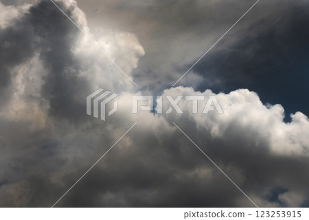 Dramatic dark storm rain clouds black sky background. Dark thunderstorm clouds rainny atmosphere. Meteorology danger windstorm disasters climate. Dark cloudscape storm disaster gloomy gray cloud sky 123253915