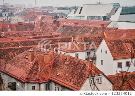 Scenic aerial view of historic European rooftops covered with red clay tiles and chimneys. Old town architecture and traditional cityscapes in European city. Panoramic view of Graz, Austria 123254012