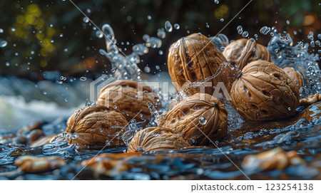 Whole walnuts splashing in fresh water 123254138