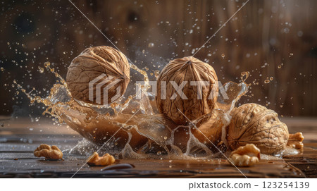 Three walnuts bursting in a golden splash 123254139