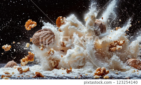 Walnuts exploding in a cloud of flour 123254140