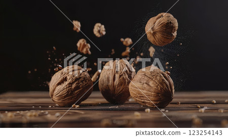 Walnuts in motion on dark background Walnuts in motion on dark background 123254143