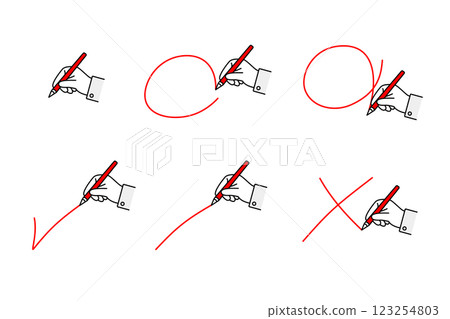 可用於商業場合和評分測試的材料 - 畫紅色圓圈和十字的人的手 123254803