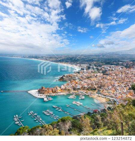 Spectacular aerial cityscape of Castellammare del Golfo town 123254872