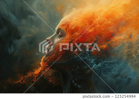 Abstract composition, meditation. Image of a girl practicing meditation. Inner world. Connection with space. Meditation background, chakras, prana, mind of God and spirituality, universe, outer space 123254994