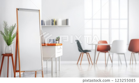 Minimalist office interior with clean lines and modern furniture design 123255085