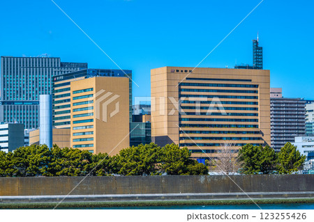 Tokyo cityscape in Japan, overlooking the Asahi Shimbun company. In front of the company lies the former site of Tsukiji Market. 123255426