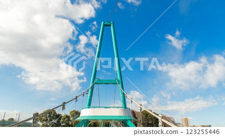 Yachiyo City, Chiba Prefecture: The Yura Yura Bridge bridge stands out against the blue sky Yachiyo City, Chiba Prefecture: The Yura Yura Bridge bridge stands out against the blue sky 123255446
